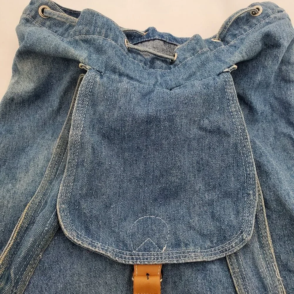 💥 VINTAGE Pacific Denim Co. Drawstring Backpack - 80s/90s Light Wash Rucksack